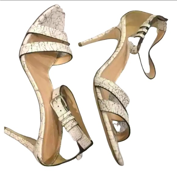 Jcrew distressed open toed heels in crackled white leather w blck, size 7.5, EUC - Picture 2 of 3